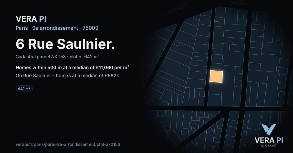 6 Rue Saulnier, 9e arrondissement at night – the plot lit, the parcels around coloured by the prices near them