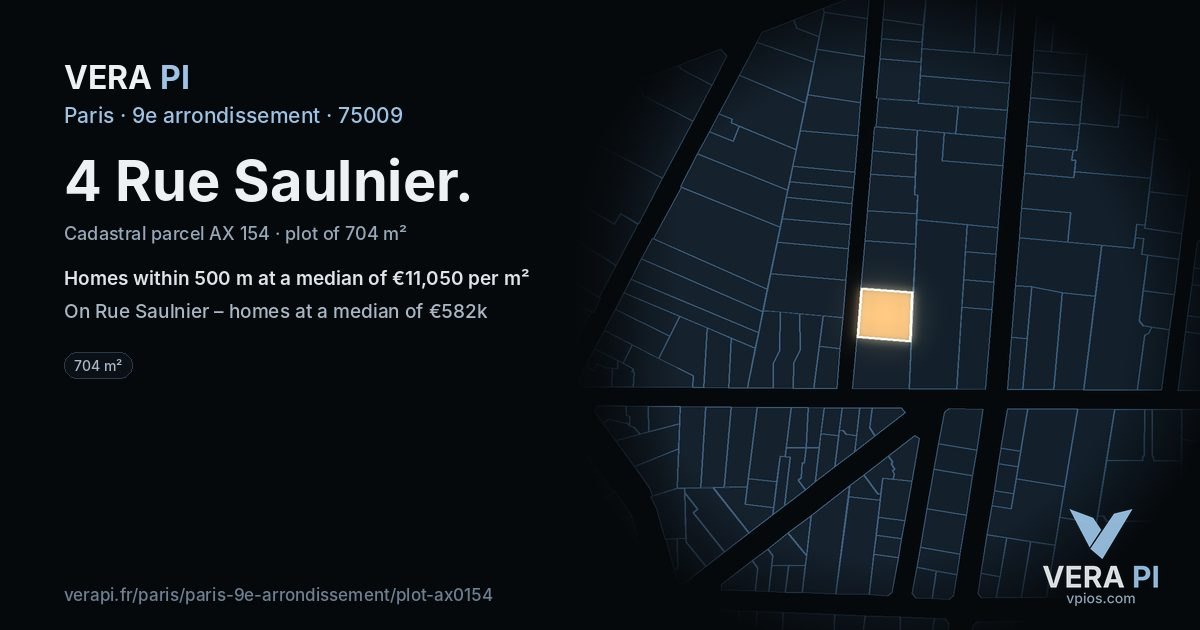 4 Rue Saulnier, 9e arrondissement at night – the plot lit, the parcels around coloured by the prices near them