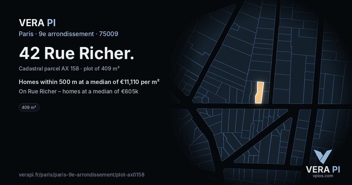 42 Rue Richer, 9e arrondissement at night – the plot lit, the parcels around coloured by the prices near them