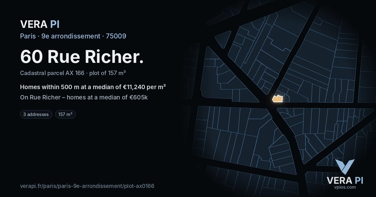 60 Rue Richer, 9e arrondissement at night – the plot lit, the parcels around coloured by the prices near them