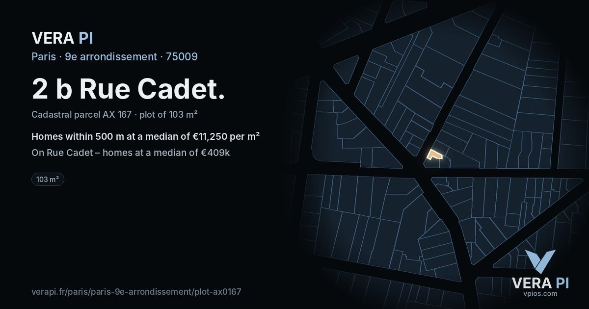 2 b Rue Cadet, 9e arrondissement at night – the plot lit, the parcels around coloured by the prices near them