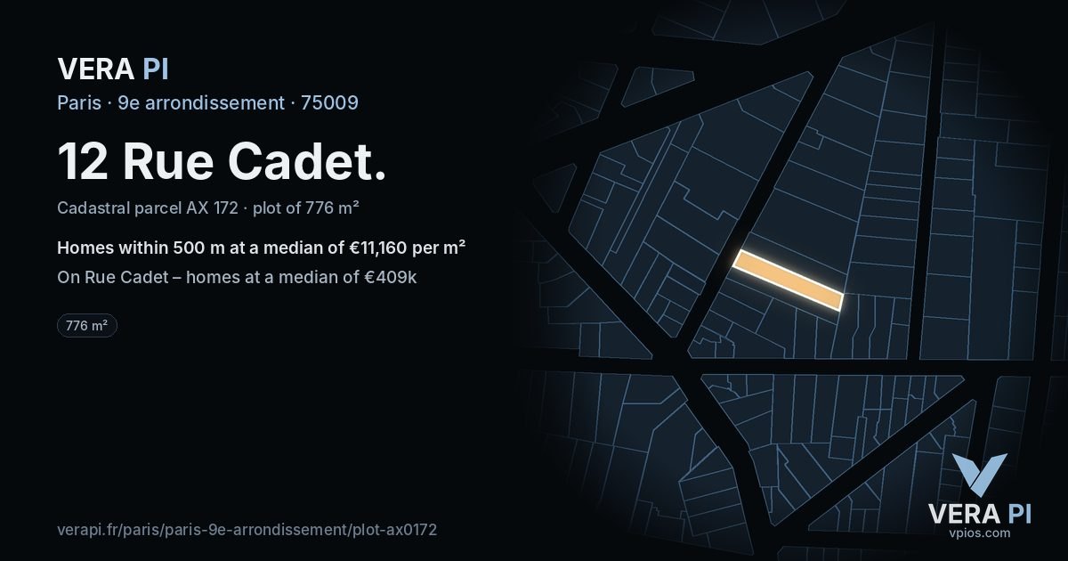 12 Rue Cadet, 9e arrondissement at night – the plot lit, the parcels around coloured by the prices near them