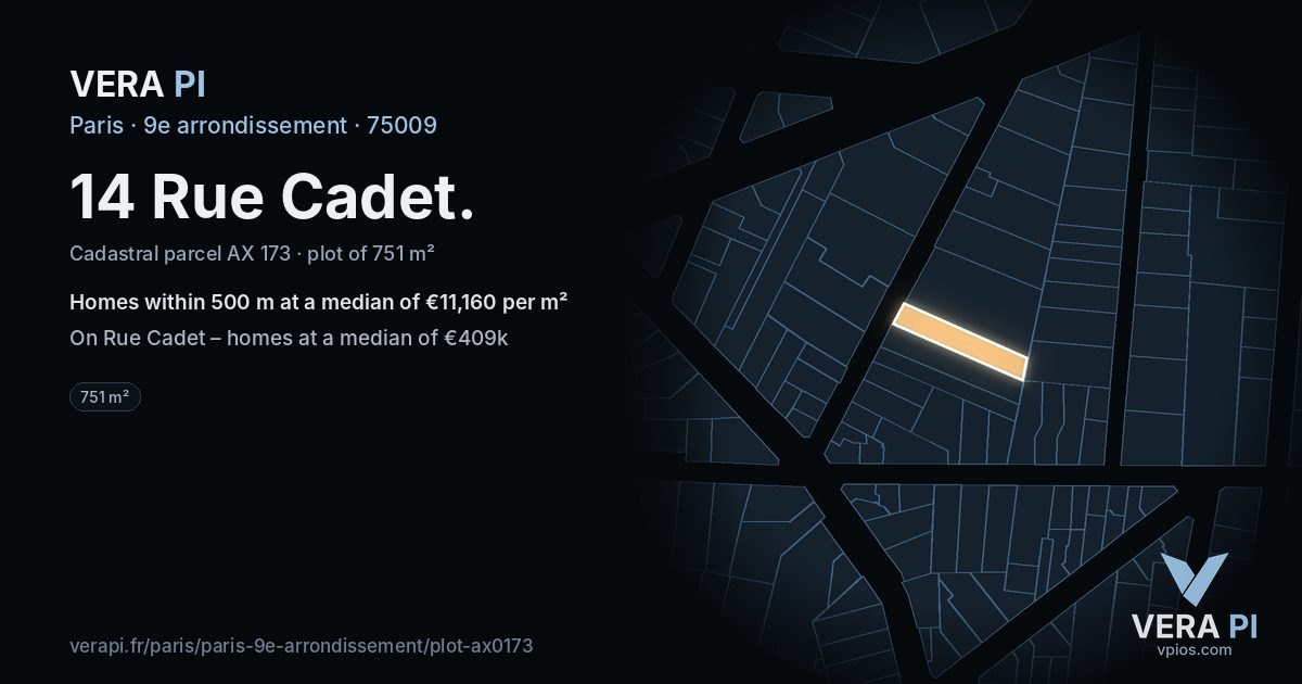 14 Rue Cadet, 9e arrondissement at night – the plot lit, the parcels around coloured by the prices near them