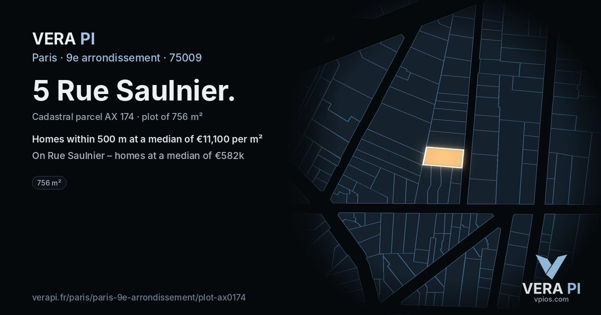 5 Rue Saulnier, 9e arrondissement at night – the plot lit, the parcels around coloured by the prices near them