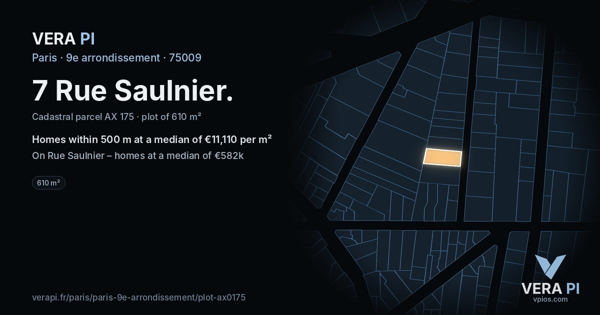 7 Rue Saulnier, 9e arrondissement at night – the plot lit, the parcels around coloured by the prices near them