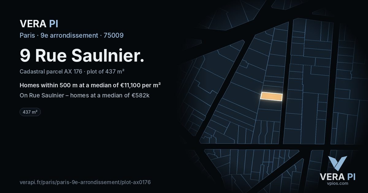 9 Rue Saulnier, 9e arrondissement at night – the plot lit, the parcels around coloured by the prices near them