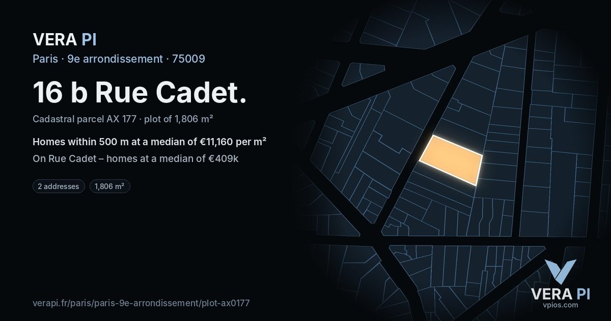 16 b Rue Cadet, 9e arrondissement at night – the plot lit, the parcels around coloured by the prices near them