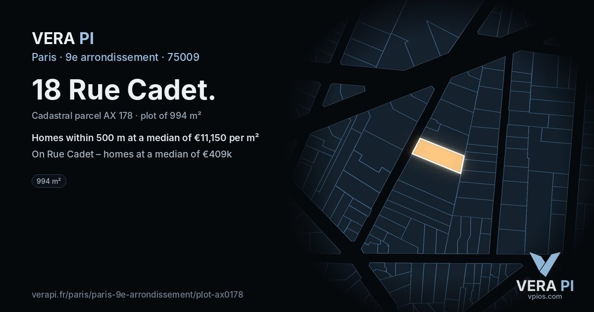 18 Rue Cadet, 9e arrondissement at night – the plot lit, the parcels around coloured by the prices near them