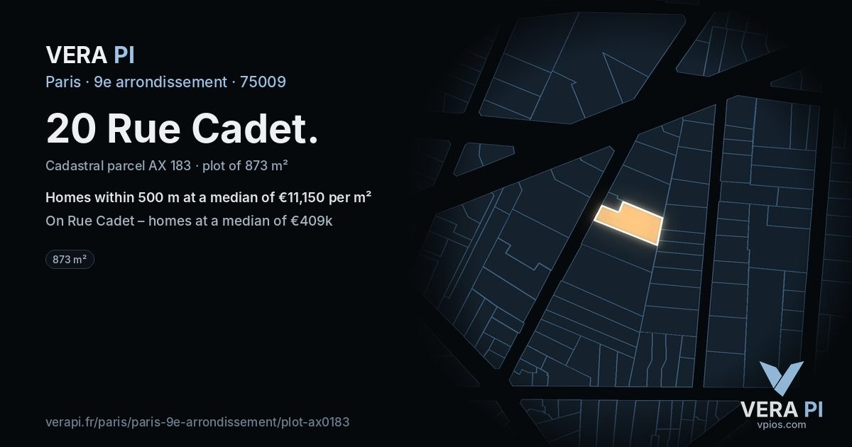 20 Rue Cadet, 9e arrondissement at night – the plot lit, the parcels around coloured by the prices near them