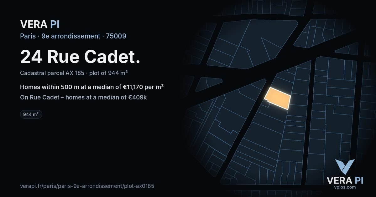 24 Rue Cadet, 9e arrondissement at night – the plot lit, the parcels around coloured by the prices near them