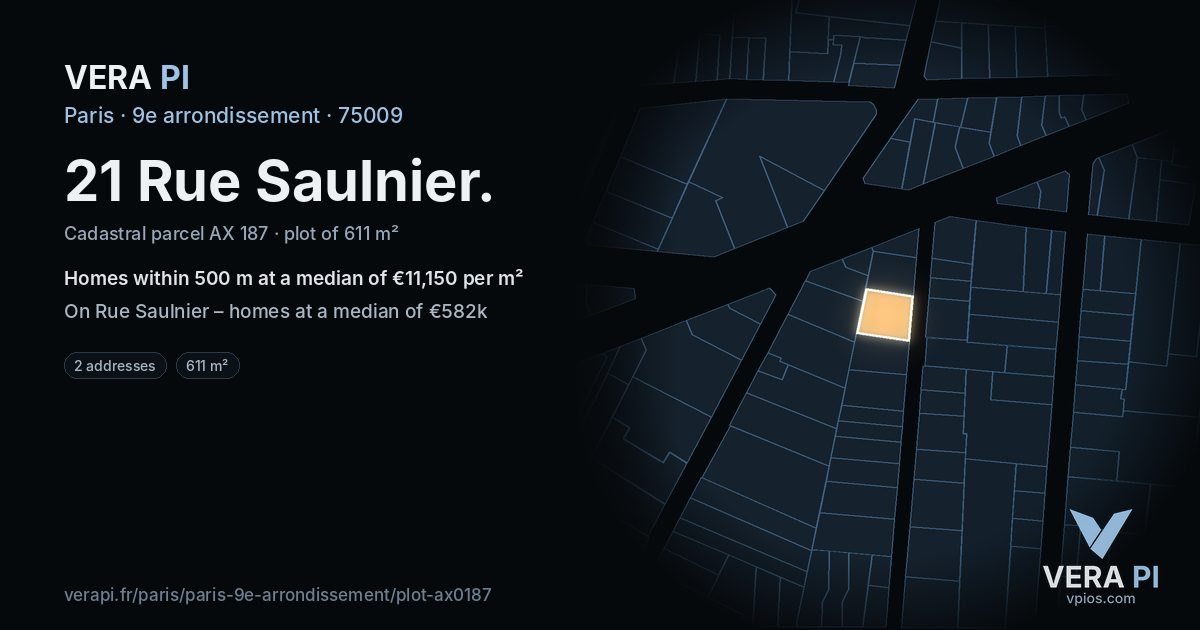 21 Rue Saulnier, 9e arrondissement at night – the plot lit, the parcels around coloured by the prices near them
