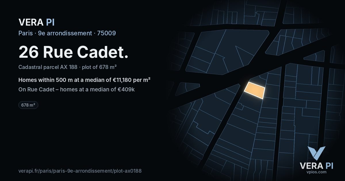 26 Rue Cadet, 9e arrondissement at night – the plot lit, the parcels around coloured by the prices near them