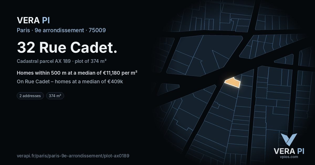 32 Rue Cadet, 9e arrondissement at night – the plot lit, the parcels around coloured by the prices near them