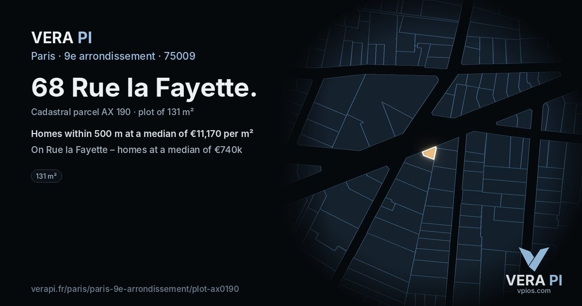 68 Rue la Fayette, 9e arrondissement at night – the plot lit, the parcels around coloured by the prices near them