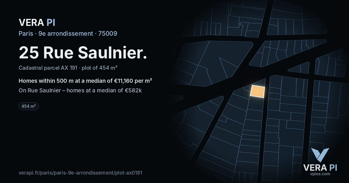 25 Rue Saulnier, 9e arrondissement at night – the plot lit, the parcels around coloured by the prices near them