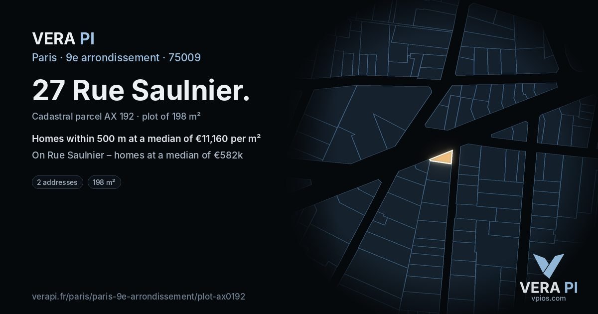27 Rue Saulnier, 9e arrondissement at night – the plot lit, the parcels around coloured by the prices near them