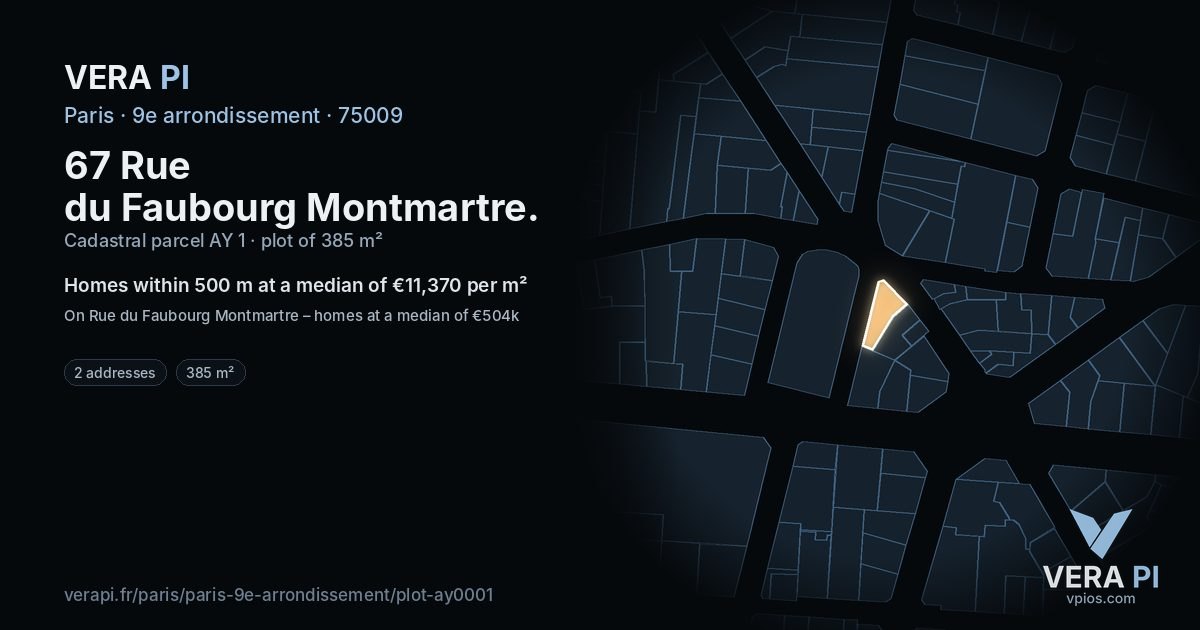67 Rue du Faubourg Montmartre, 9e arrondissement at night – the plot lit, the parcels around coloured by the prices near them