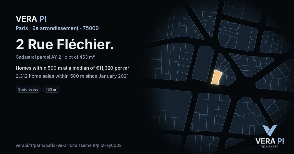 2 Rue Fléchier, 9e arrondissement at night – the plot lit, the parcels around coloured by the prices near them