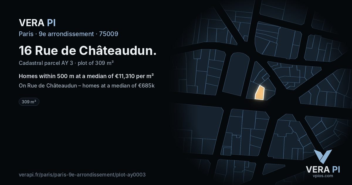 16 Rue de Châteaudun, 9e arrondissement at night – the plot lit, the parcels around coloured by the prices near them
