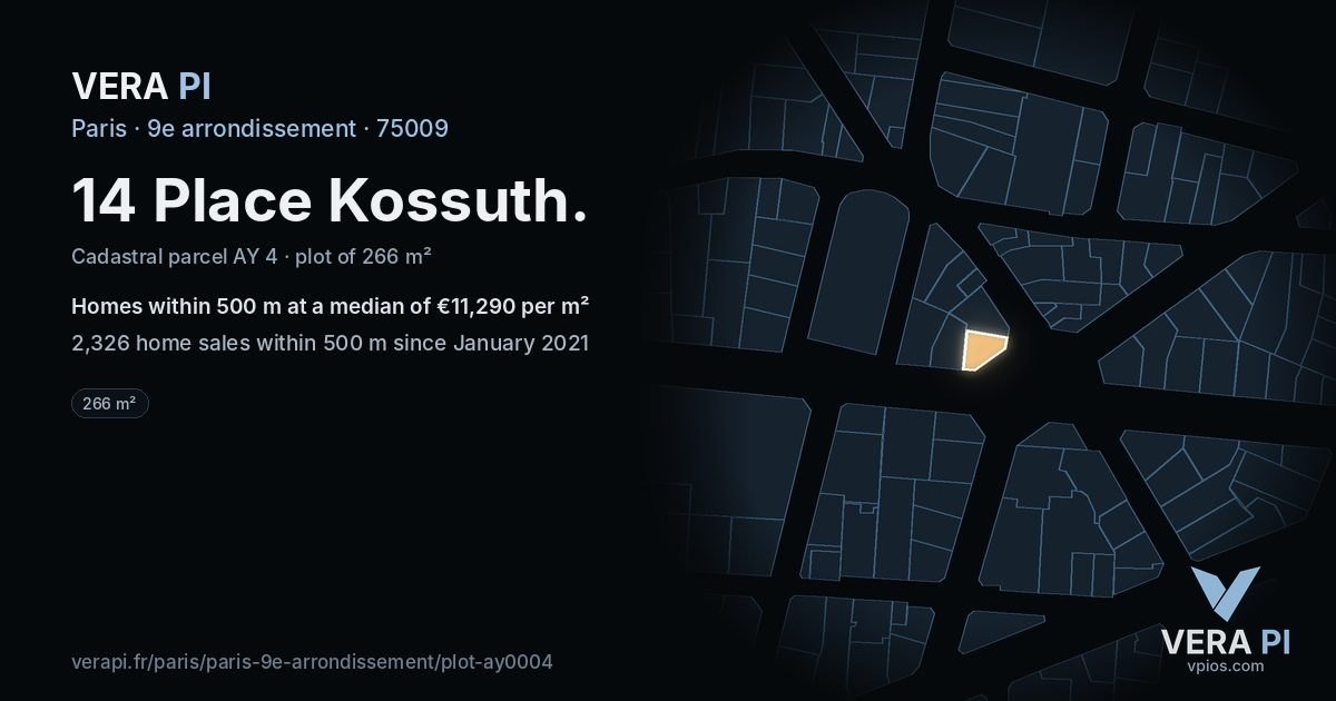 14 Place Kossuth, 9e arrondissement at night – the plot lit, the parcels around coloured by the prices near them