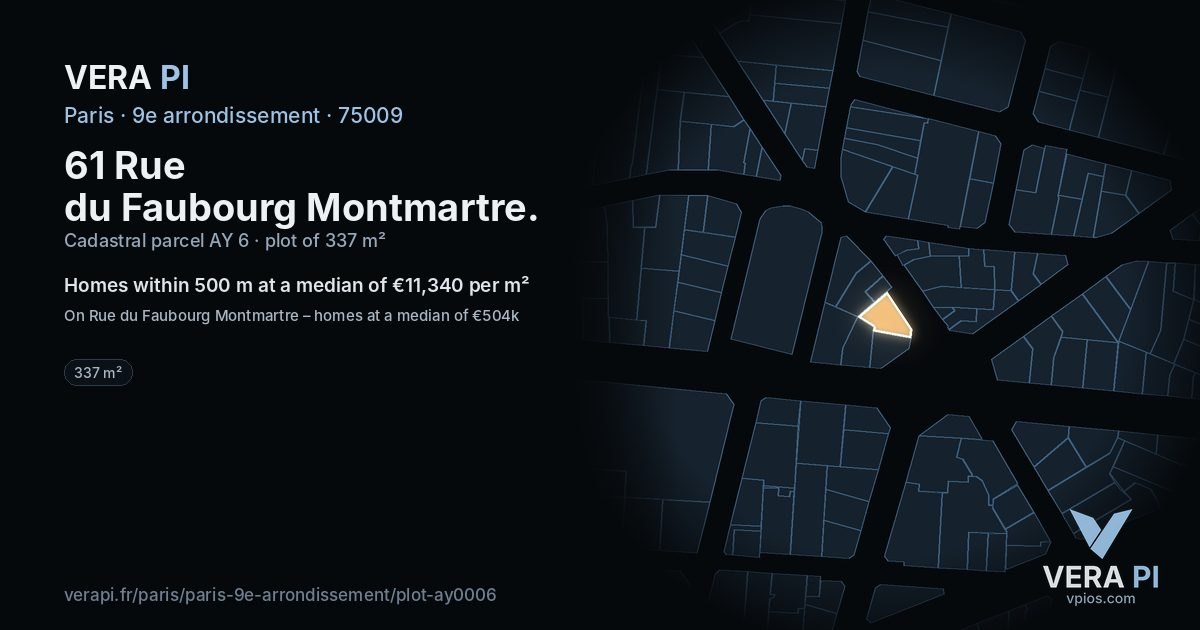 61 Rue du Faubourg Montmartre, 9e arrondissement at night – the plot lit, the parcels around coloured by the prices near them