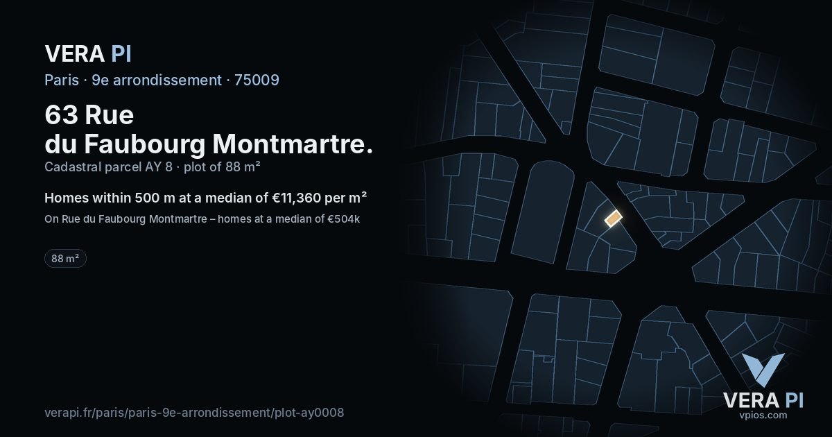 63 Rue du Faubourg Montmartre, 9e arrondissement at night – the plot lit, the parcels around coloured by the prices near them