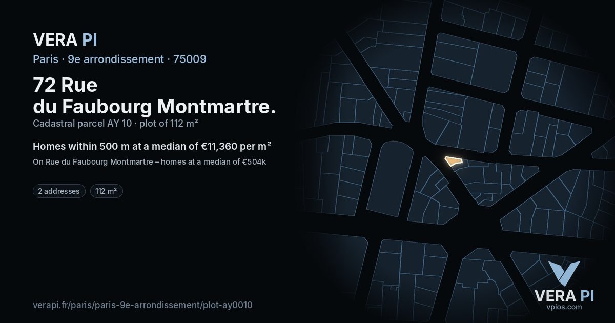 72 Rue du Faubourg Montmartre, 9e arrondissement at night – the plot lit, the parcels around coloured by the prices near them