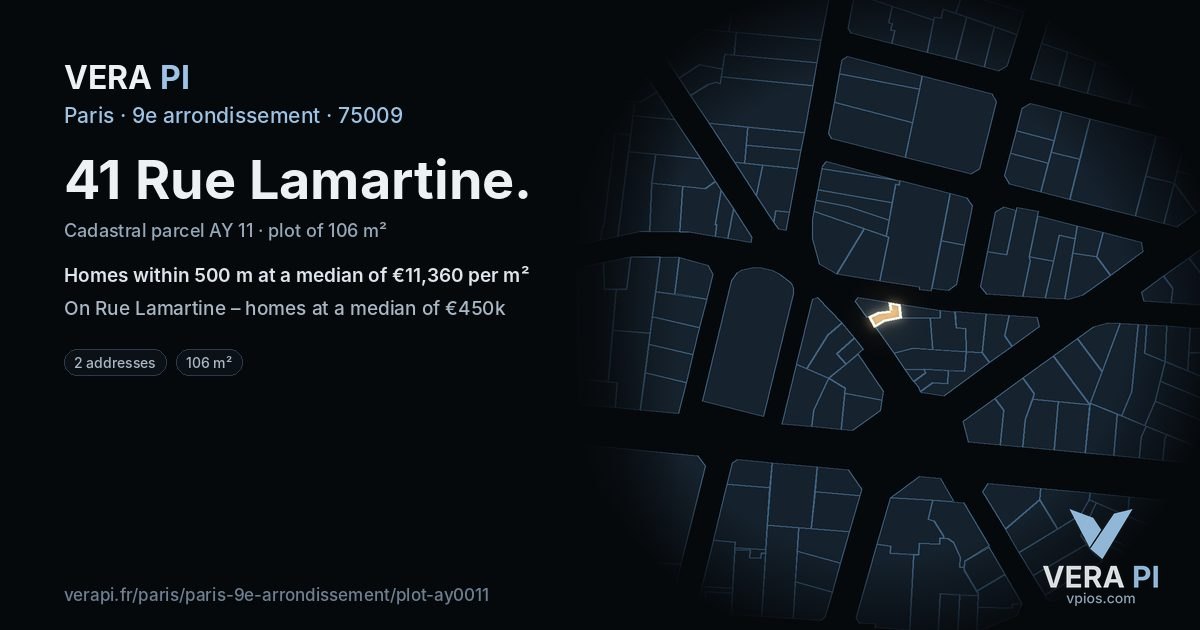 41 Rue Lamartine, 9e arrondissement at night – the plot lit, the parcels around coloured by the prices near them