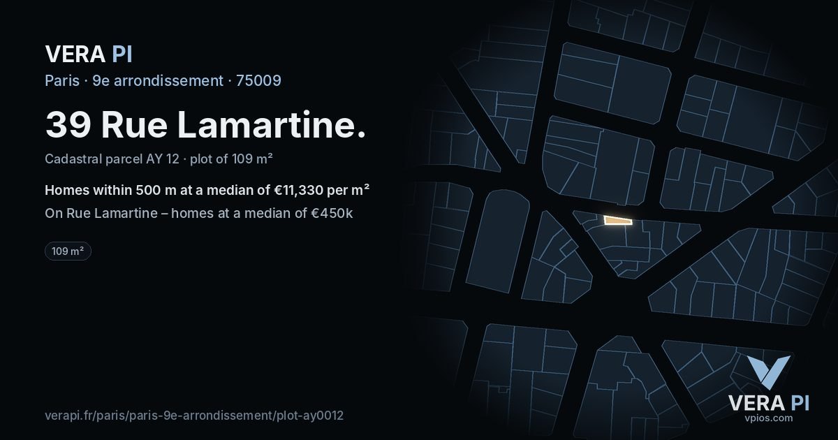 39 Rue Lamartine, 9e arrondissement at night – the plot lit, the parcels around coloured by the prices near them