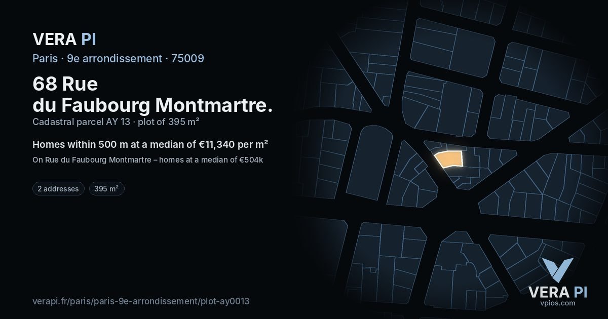 68 Rue du Faubourg Montmartre, 9e arrondissement at night – the plot lit, the parcels around coloured by the prices near them