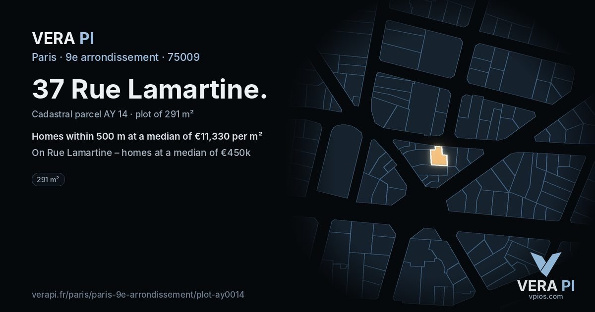 37 Rue Lamartine, 9e arrondissement at night – the plot lit, the parcels around coloured by the prices near them