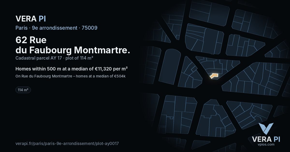 62 Rue du Faubourg Montmartre, 9e arrondissement at night – the plot lit, the parcels around coloured by the prices near them