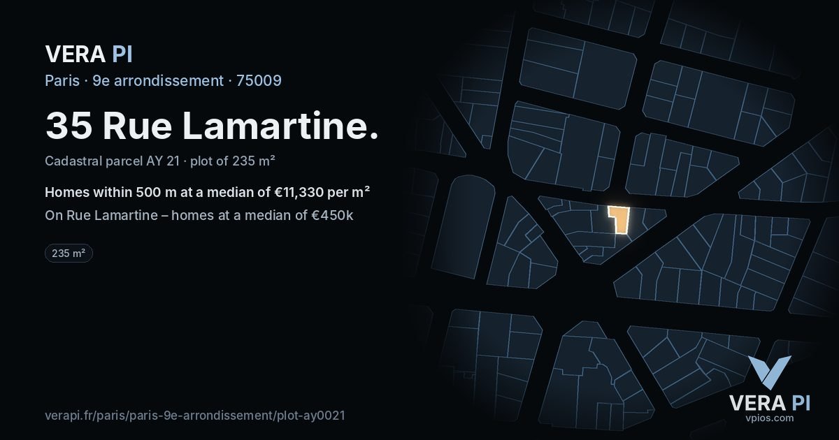 35 Rue Lamartine, 9e arrondissement at night – the plot lit, the parcels around coloured by the prices near them