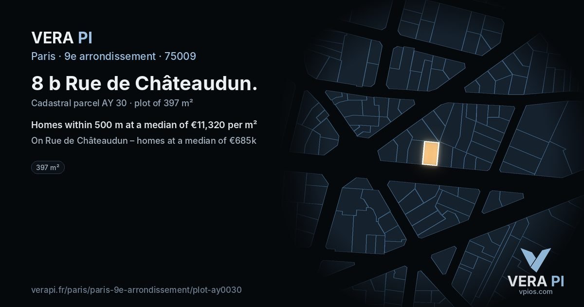 8 b Rue de Châteaudun, 9e arrondissement at night – the plot lit, the parcels around coloured by the prices near them