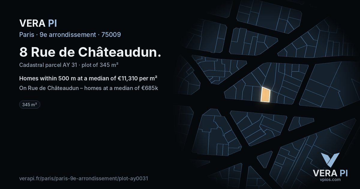 8 Rue de Châteaudun, 9e arrondissement at night – the plot lit, the parcels around coloured by the prices near them