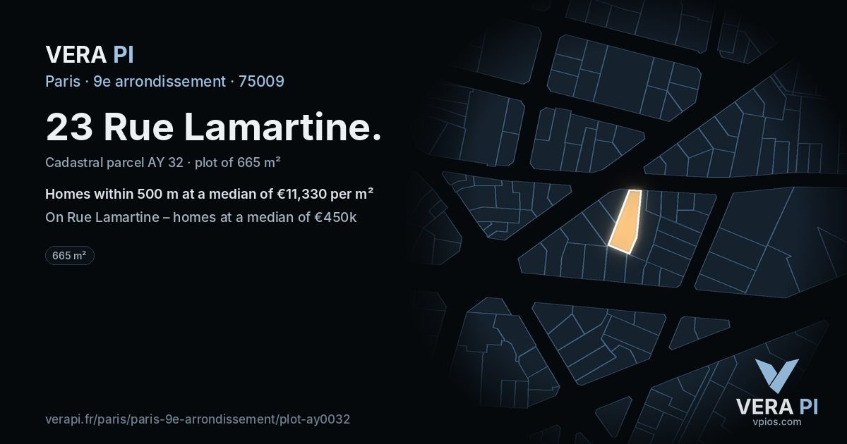23 Rue Lamartine, 9e arrondissement at night – the plot lit, the parcels around coloured by the prices near them