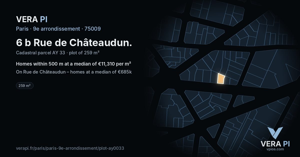 6 b Rue de Châteaudun, 9e arrondissement at night – the plot lit, the parcels around coloured by the prices near them