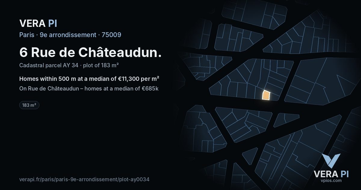 6 Rue de Châteaudun, 9e arrondissement at night – the plot lit, the parcels around coloured by the prices near them