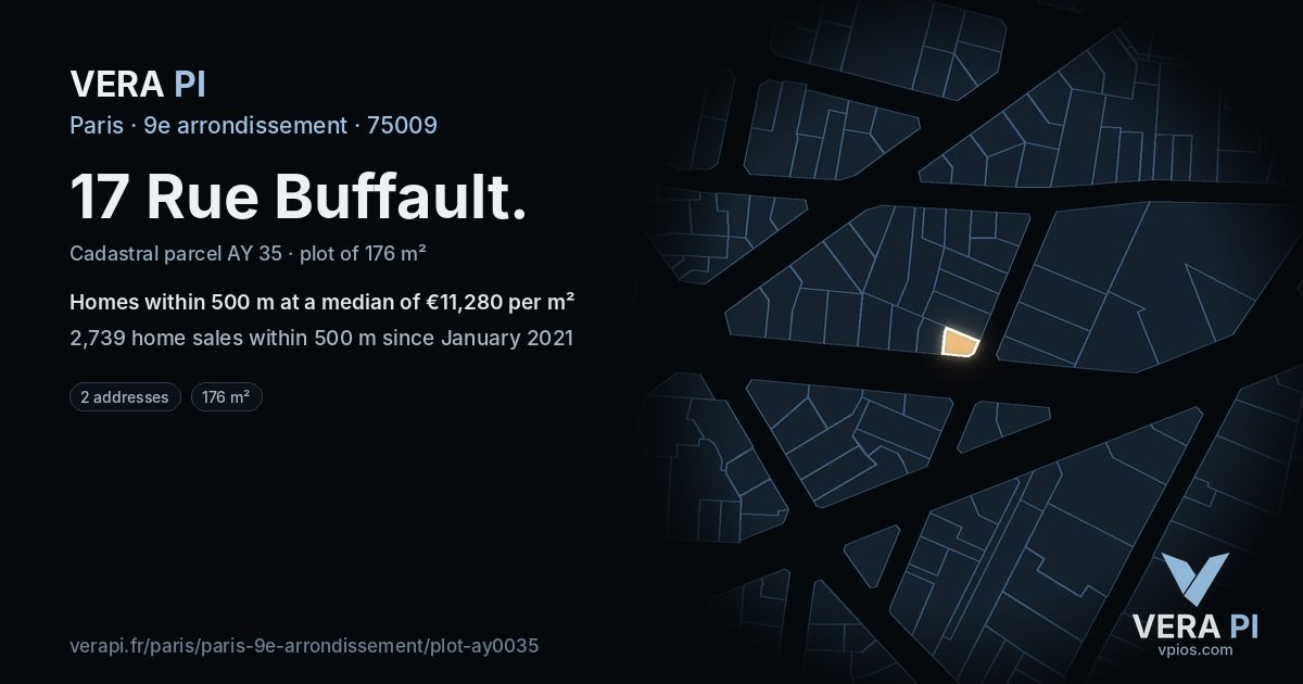 17 Rue Buffault, 9e arrondissement at night – the plot lit, the parcels around coloured by the prices near them