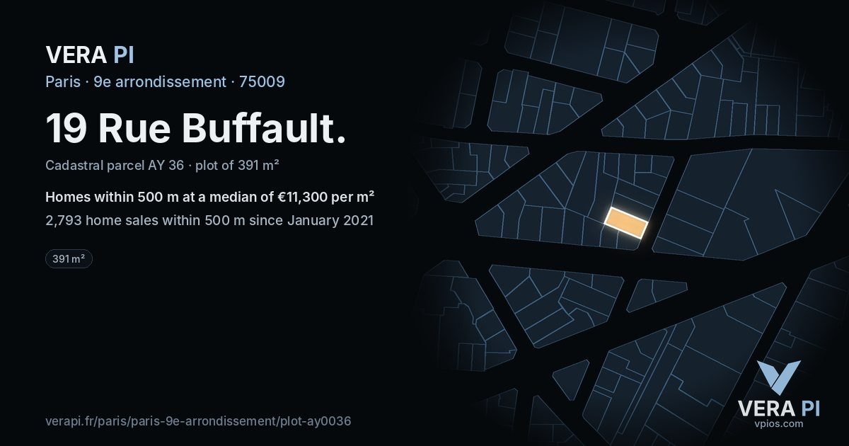 19 Rue Buffault, 9e arrondissement at night – the plot lit, the parcels around coloured by the prices near them