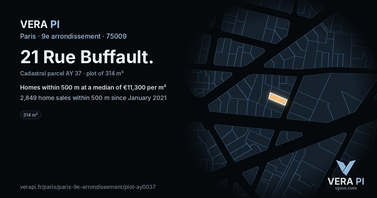21 Rue Buffault, 9e arrondissement at night – the plot lit, the parcels around coloured by the prices near them