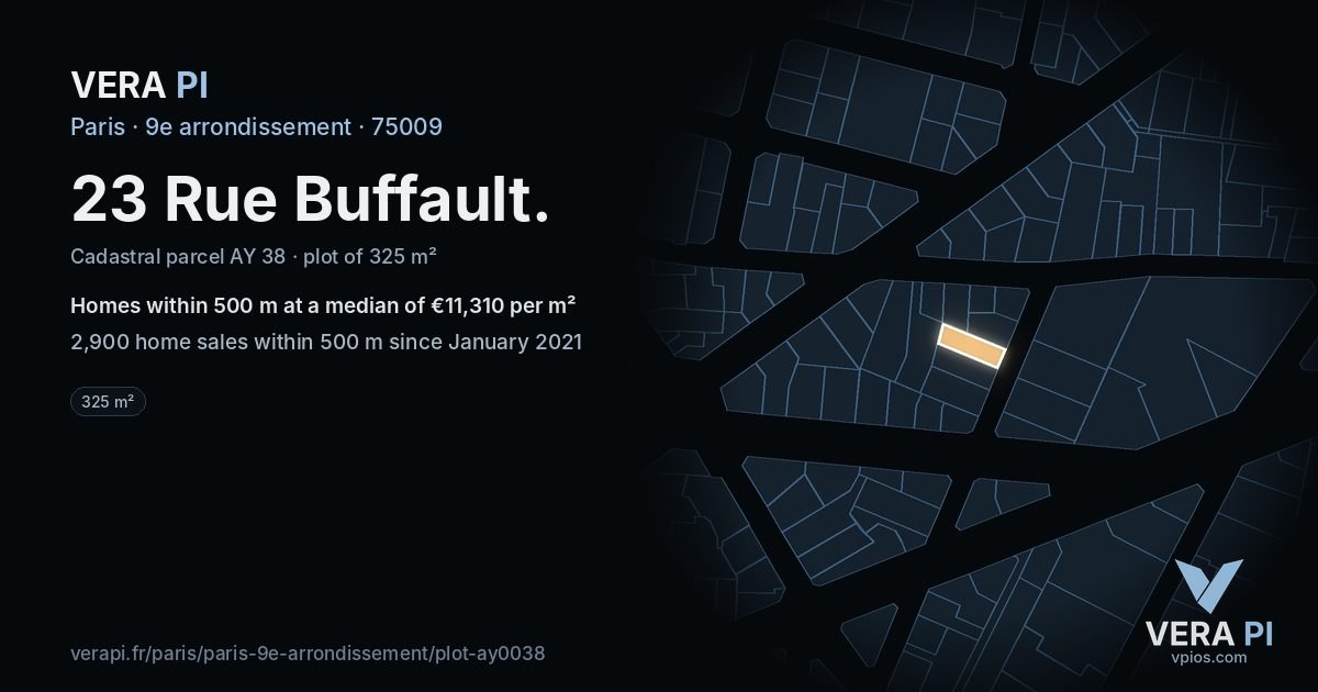 23 Rue Buffault, 9e arrondissement at night – the plot lit, the parcels around coloured by the prices near them