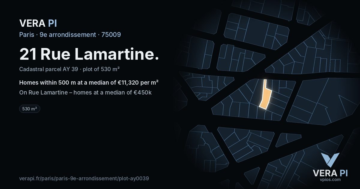 21 Rue Lamartine, 9e arrondissement at night – the plot lit, the parcels around coloured by the prices near them