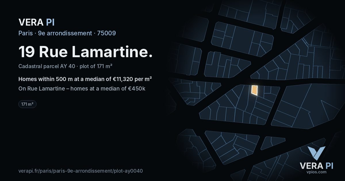 19 Rue Lamartine, 9e arrondissement at night – the plot lit, the parcels around coloured by the prices near them
