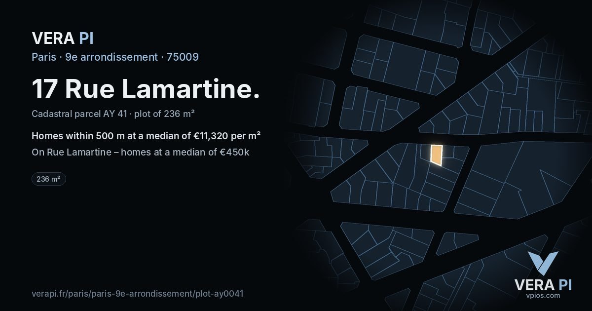 17 Rue Lamartine, 9e arrondissement at night – the plot lit, the parcels around coloured by the prices near them
