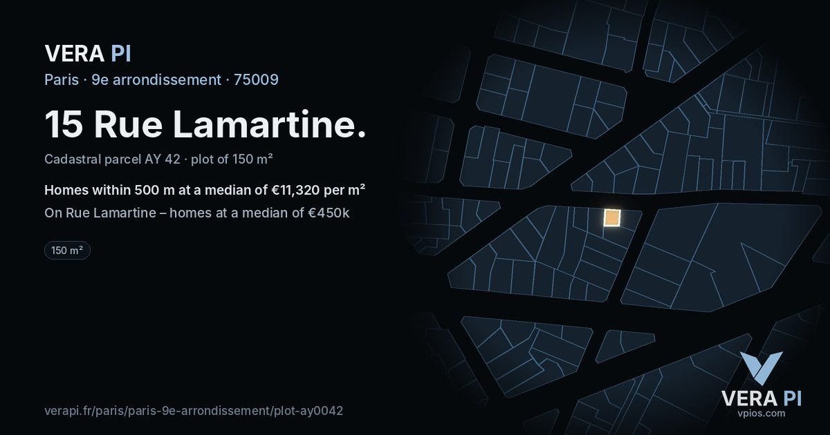 15 Rue Lamartine, 9e arrondissement at night – the plot lit, the parcels around coloured by the prices near them