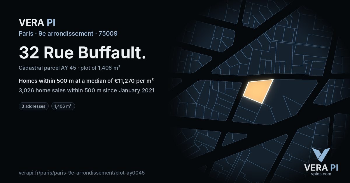 32 Rue Buffault, 9e arrondissement at night – the plot lit, the parcels around coloured by the prices near them