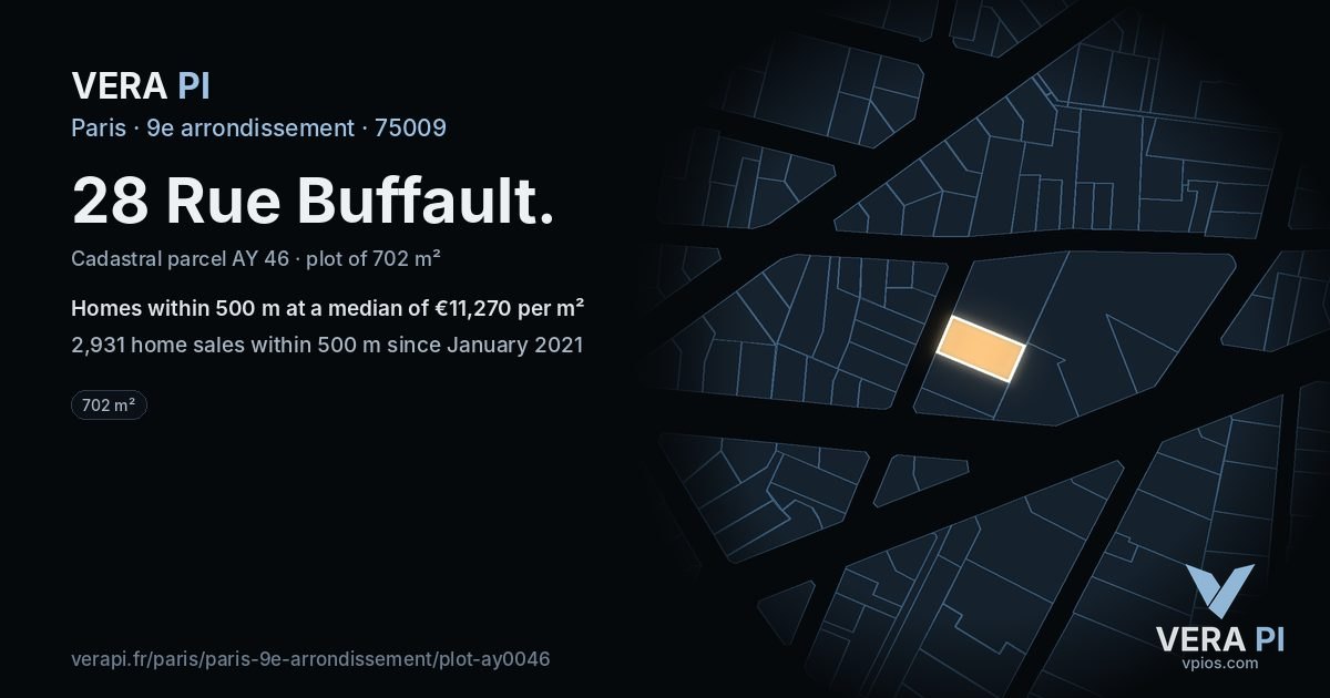 28 Rue Buffault, 9e arrondissement at night – the plot lit, the parcels around coloured by the prices near them