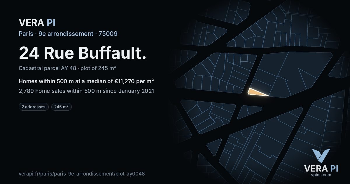 24 Rue Buffault, 9e arrondissement at night – the plot lit, the parcels around coloured by the prices near them