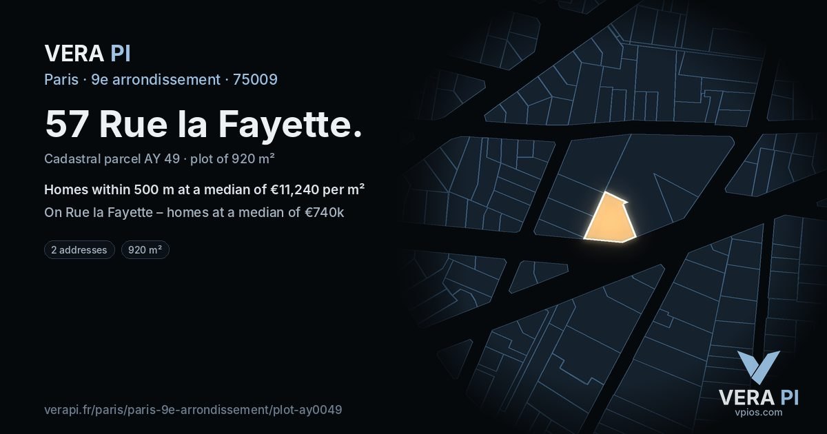 57 Rue la Fayette, 9e arrondissement at night – the plot lit, the parcels around coloured by the prices near them